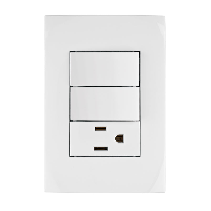 Placa armada contacto y 2 interruptores, línea Oslo, blanco Caja con 3, 46488