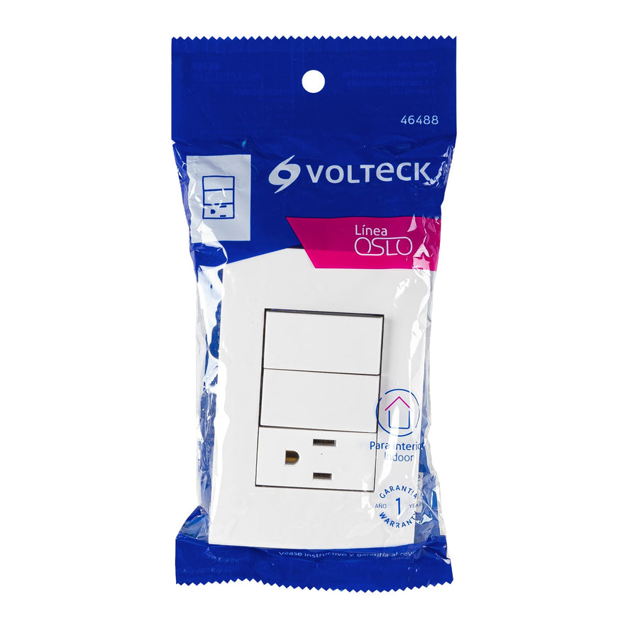 Placa armada contacto y 2 interruptores, línea Oslo, blanco Caja con 3, 46488