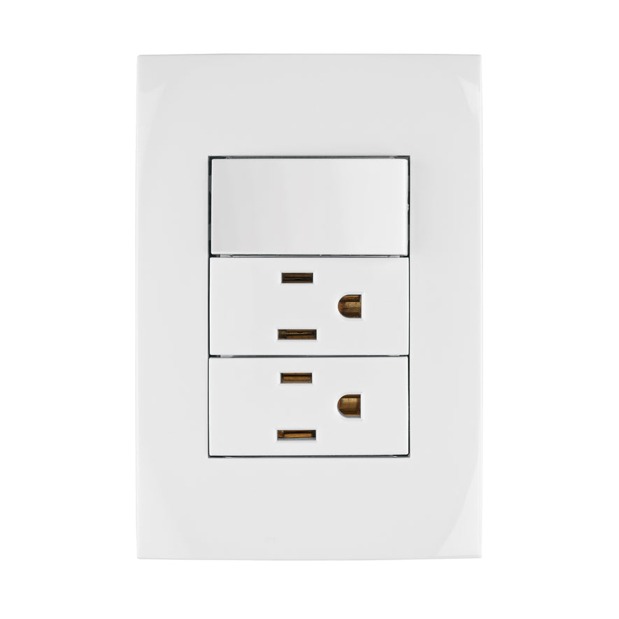 Placa armada 2 contactos e interruptor, línea Oslo, blanco Caja con 3, 46489