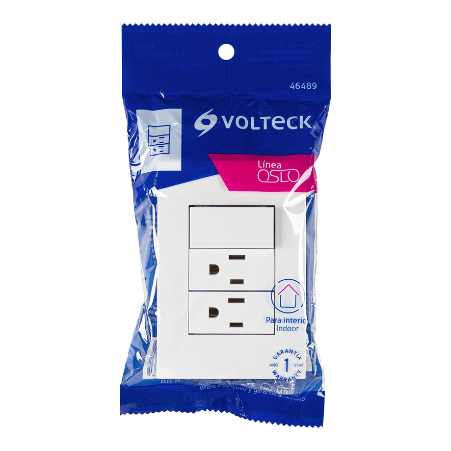 Placa armada 2 contactos e interruptor, línea Oslo, blanco Caja con 3, 46489