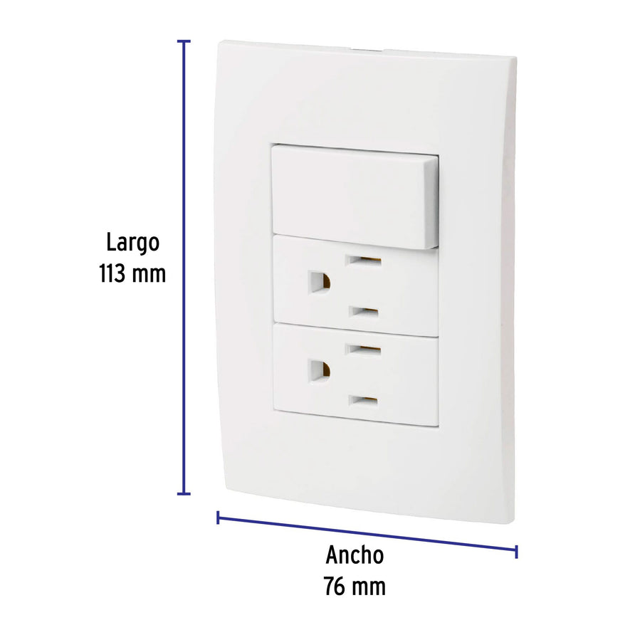 Placa armada 2 contactos e interruptor, línea Oslo, blanco Caja con 3, 46489