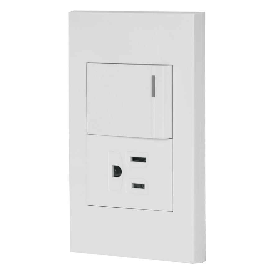 Placa armada 1 interruptor,1contacto,1.5mod,Española, blanco Caja con 3, 45591