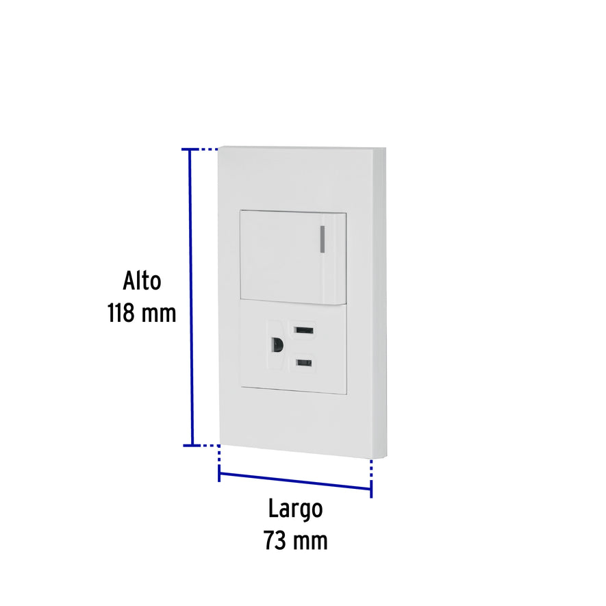 Placa armada 1 interruptor,1contacto,1.5mod,Española, blanco Caja con 3, 45591