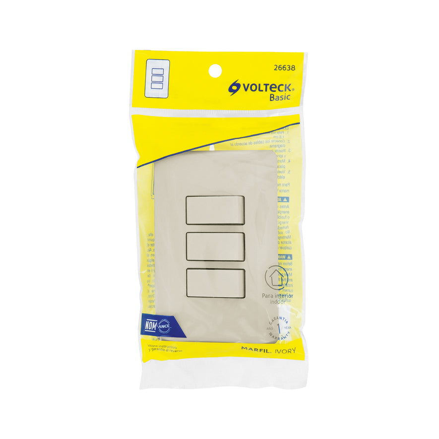 Placa armada 3 interruptores, marfil, Volteck Caja con 10, 26638