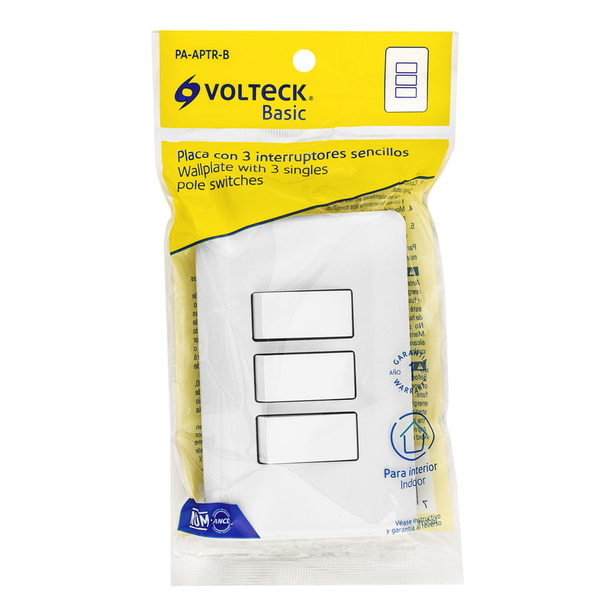 Placa armada con 3 interruptores sencillos, Volteck Basic Caja con 10, 25083