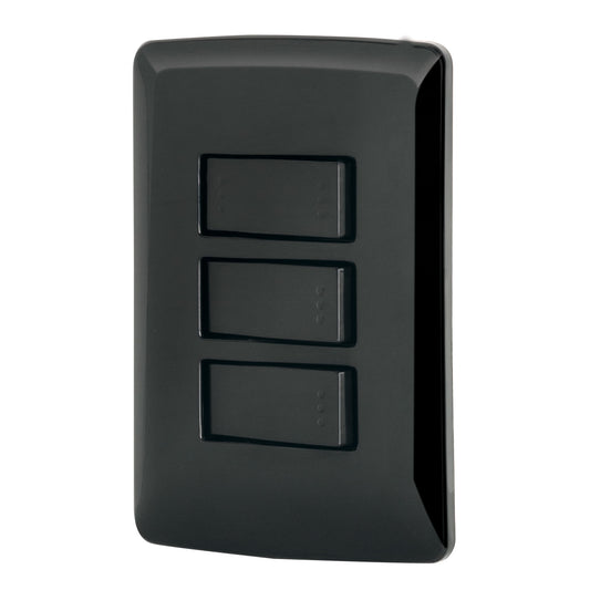 Placa armada 2 interruptores 1 escalera negro,línea Italiana Caja con 3, 47596