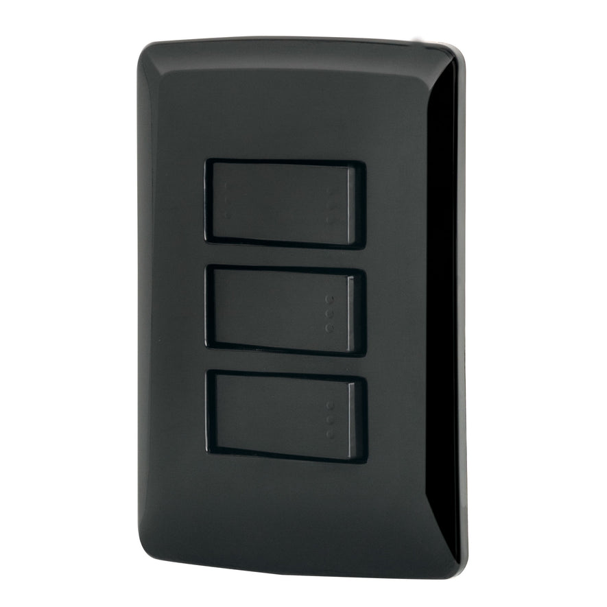 Placa armada 2 interruptores 1 escalera negro,línea Italiana Caja con 3, 47596