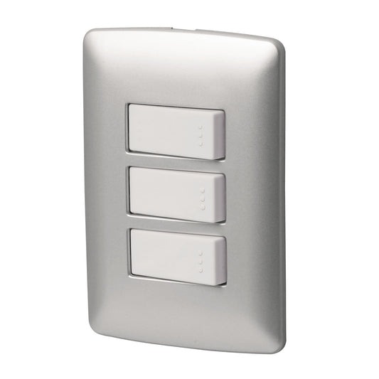 Placa armada 2 interruptores 1escalera, plata,línea Italiana Caja con 3, 46483