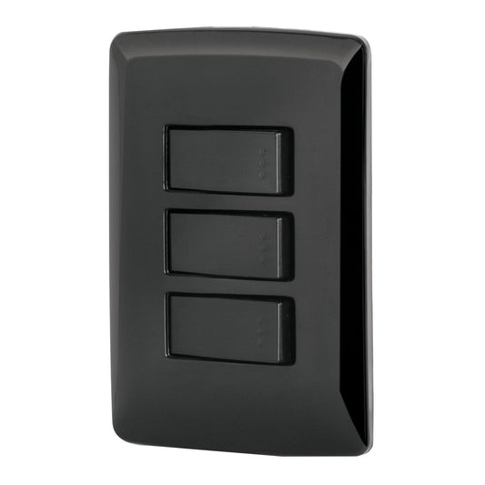 Placa armada 3 interruptores sencillos,negro, línea Italiana Caja con 3, 47595