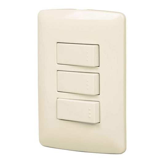 Placa armada 3 interruptores sencillos,marfil,línea Italiana Caja con 3, 48664