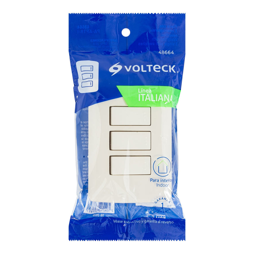 Placa armada 3 interruptores sencillos,marfil,línea Italiana Caja con 3, 48664