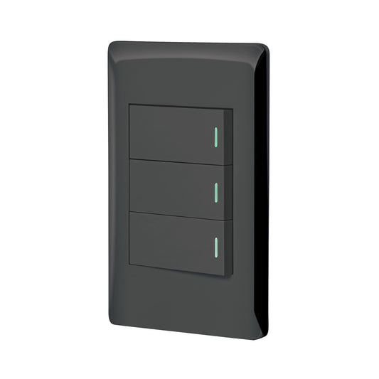 Placa armada negra 3 interruptores 1 módulo, Lisboa, Volteck Caja con 3, 47889