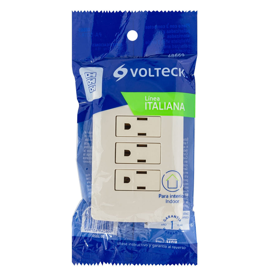 Placa armada 3 contactos aterrizados, marfil, línea Italiana Caja con 3, 48669