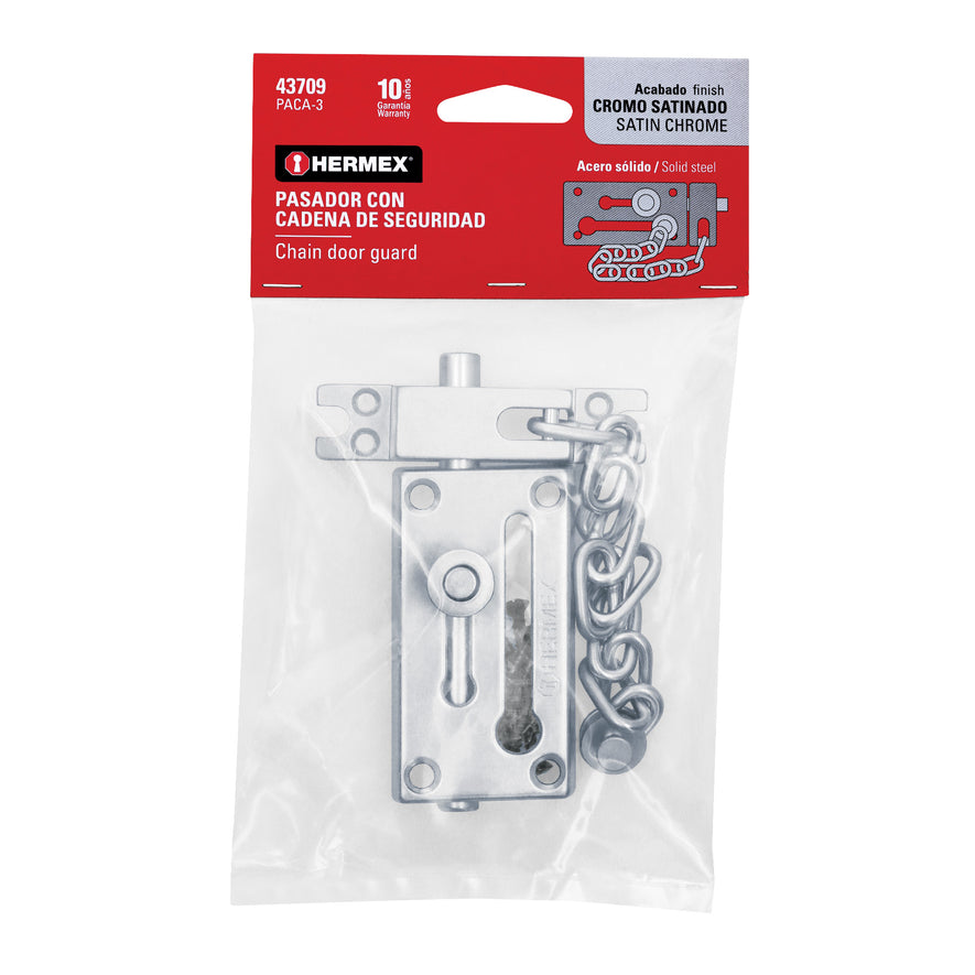 Pasador con cadena para puerta, acabado cromo mate, Hermex Caja con 6, 43709