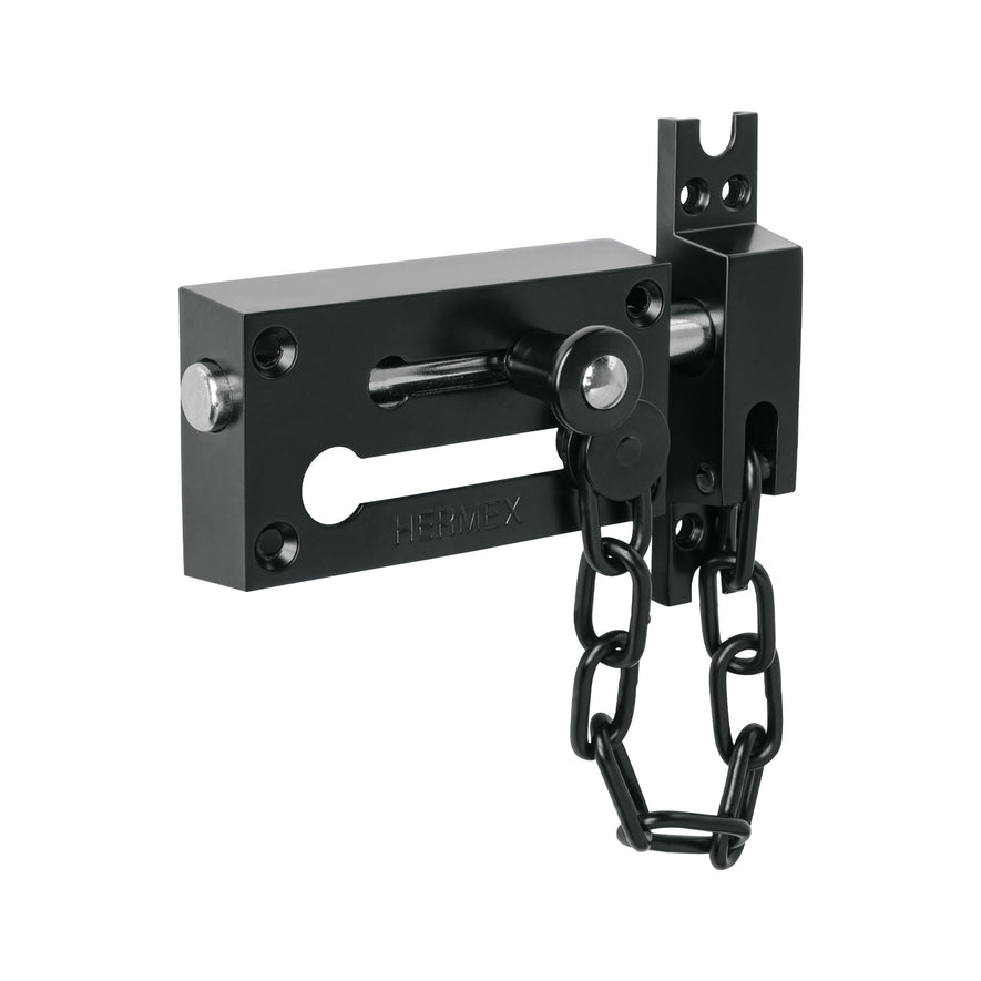 Pasador con cadena para puerta, acabado negro, HERMEX Caja con 6, 45677