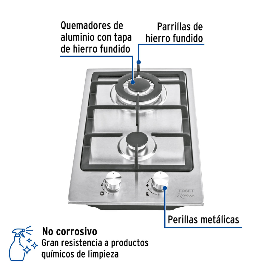 Parrilla gas empotrable 30cm, 2 quem, acero inox, Riviera, 48320