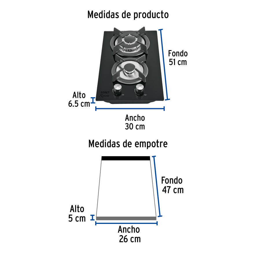 Parrilla gas empotrable 30cm, 2 quem, vidrio negro, Riviera, 46249