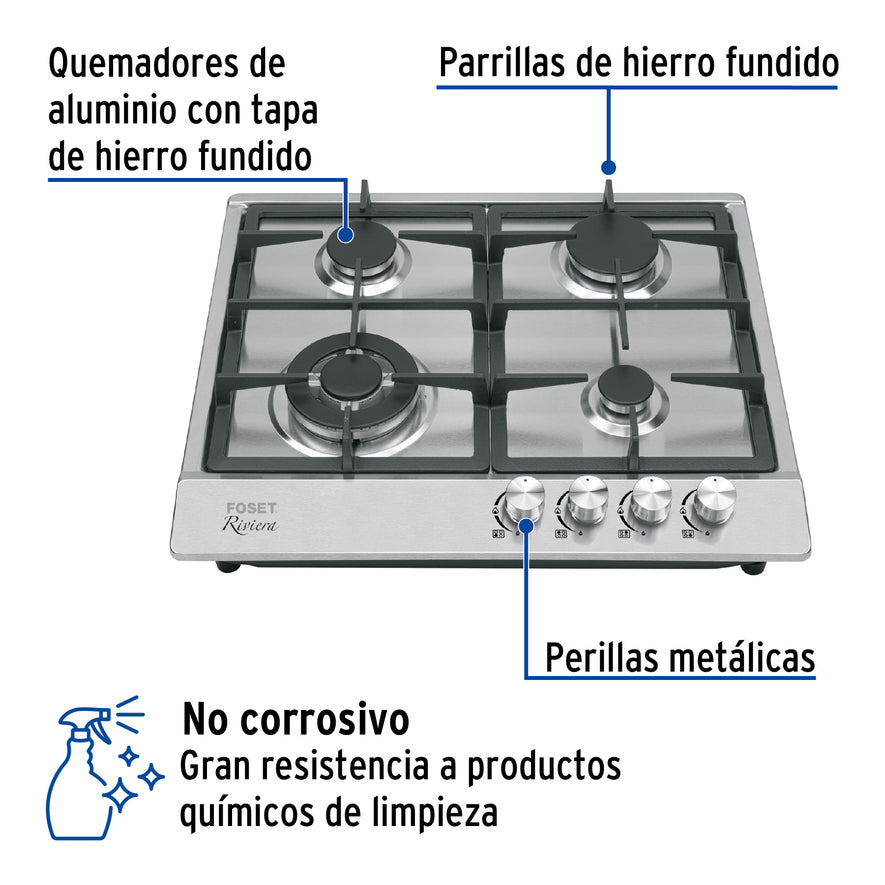Parrilla gas empotrable 60cm, 4 quem, acero inox, Riviera, 48406