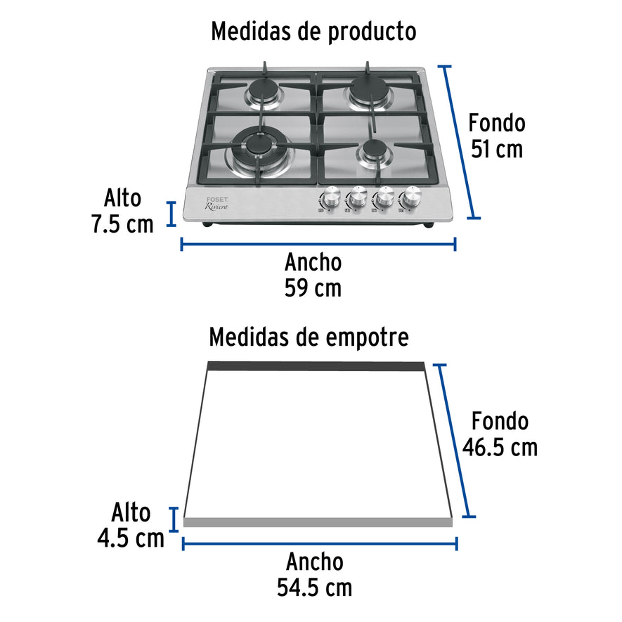 Parrilla gas empotrable 60cm, 4 quem, acero inox, Riviera, 48406