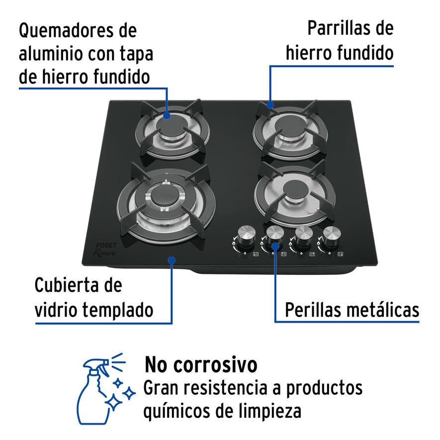 Parrilla gas empotrable 60cm, 4 quem, vidrio negro, Riviera, 48408