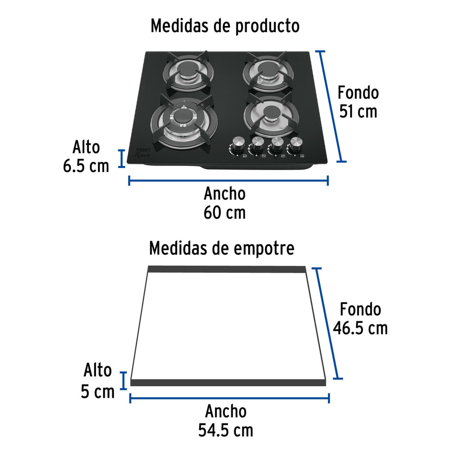 Parrilla gas empotrable 60cm, 4 quem, vidrio negro, Riviera, 48408