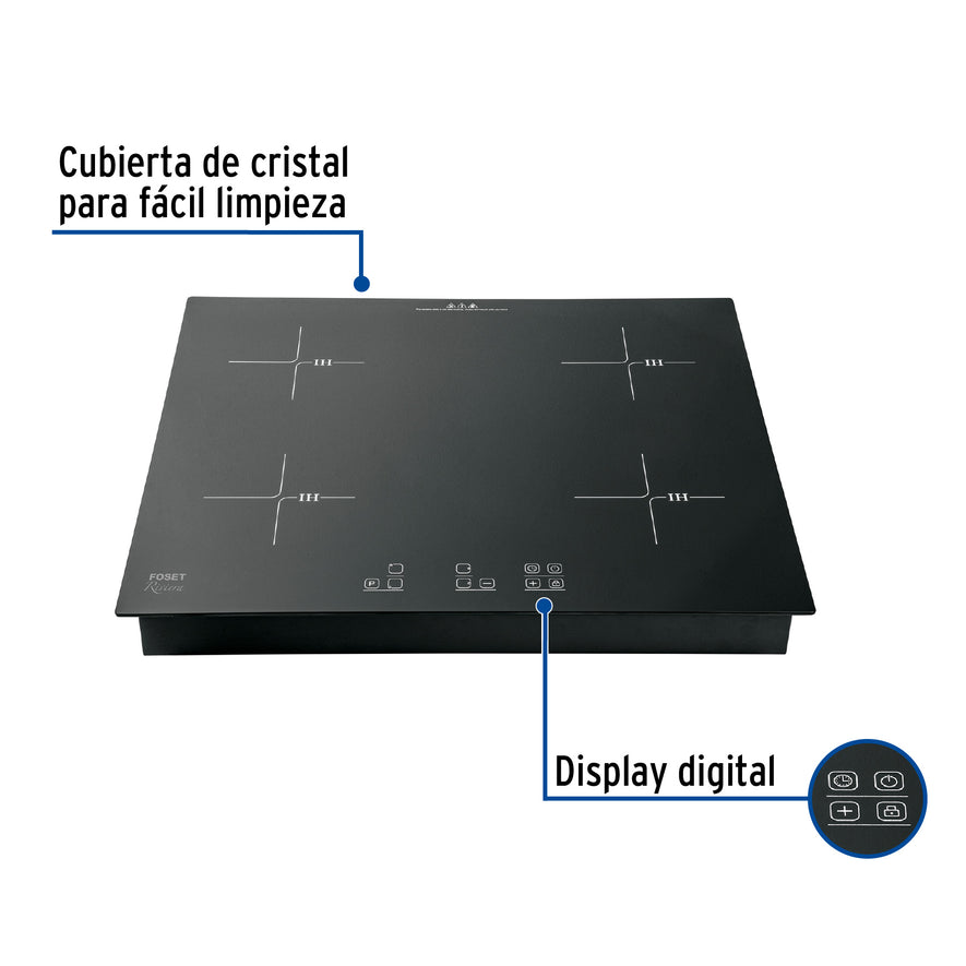 Parrilla inducción empotrable 60cm, 4 quem, vidrio, Riviera, 46916
