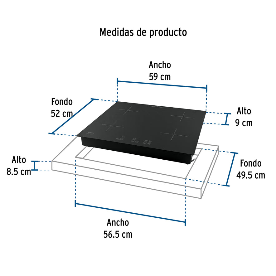 Parrilla inducción empotrable 60cm, 4 quem, vidrio, Riviera, 46916