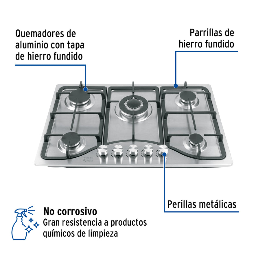 Parrilla gas empotrable 75cm, 5 quem, acero inox, Riviera, 48316