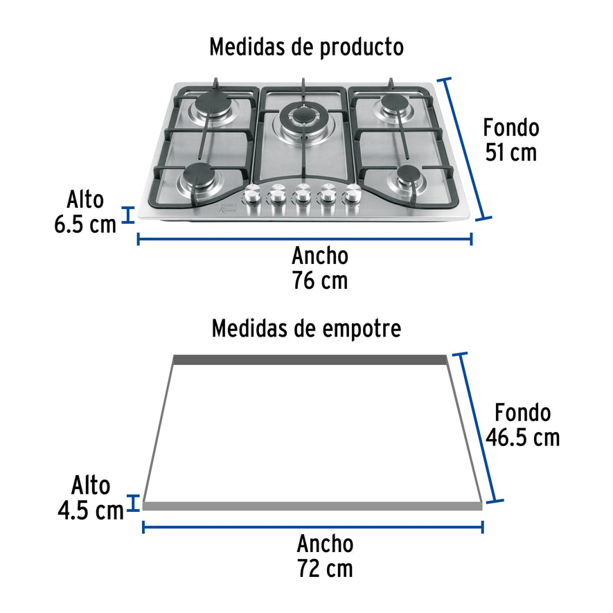 Parrilla gas empotrable 75cm, 5 quem, acero inox, Riviera, 48316