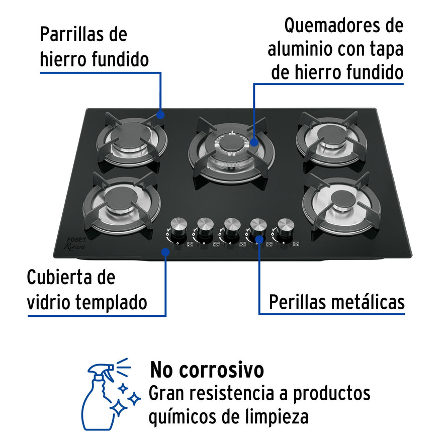 Parrilla gas empotrable 75cm, 5 quem, vidrio negro, Riviera, 48409