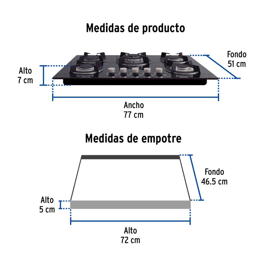 Parrilla gas empotrable 75cm, 5 quem, vidrio negro, Riviera, 48409