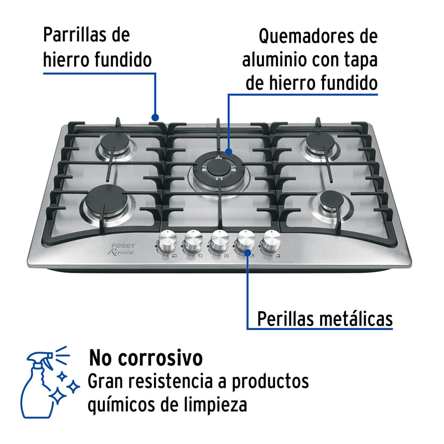Parrilla gas empotrable 90cm, 5 quem, acero inox, Riviera, 48407