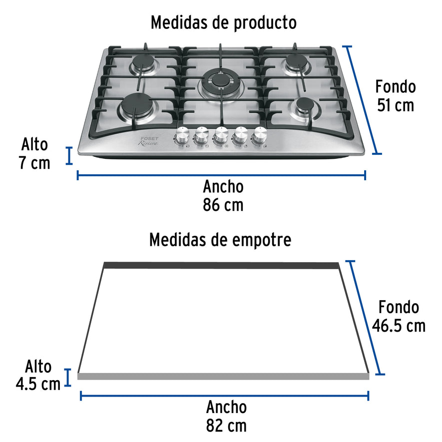 Parrilla gas empotrable 90cm, 5 quem, acero inox, Riviera, 48407