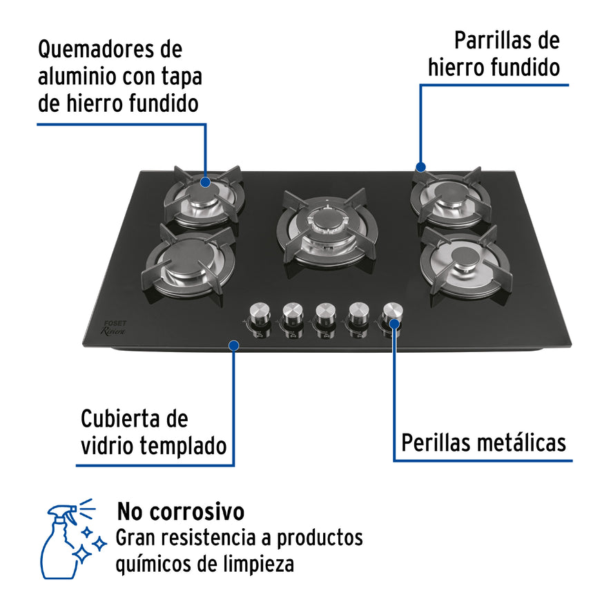 Parrilla gas empotrable 90cm, 5 quem, vidrio negro, Riviera, 46248