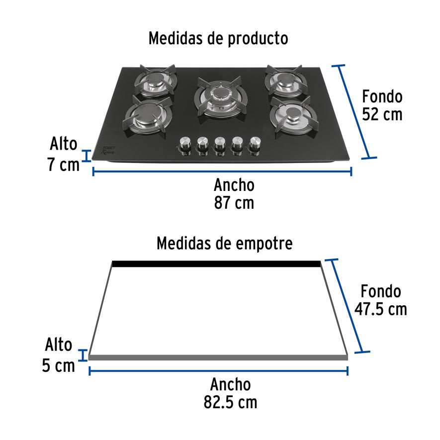 Parrilla gas empotrable 90cm, 5 quem, vidrio negro, Riviera, 46248