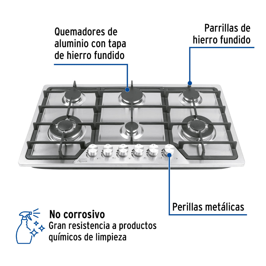 Parrilla gas empotrable 90cm, 6 quem, acero inox, Riviera, 48315
