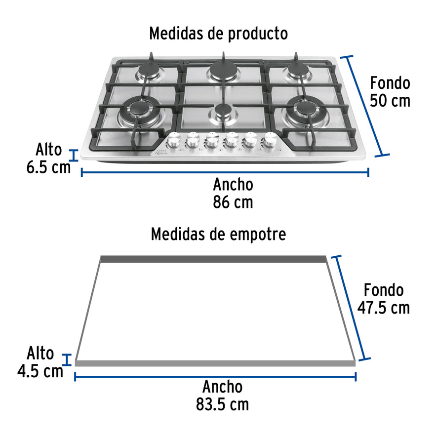 Parrilla gas empotrable 90cm, 6 quem, acero inox, Riviera, 48315