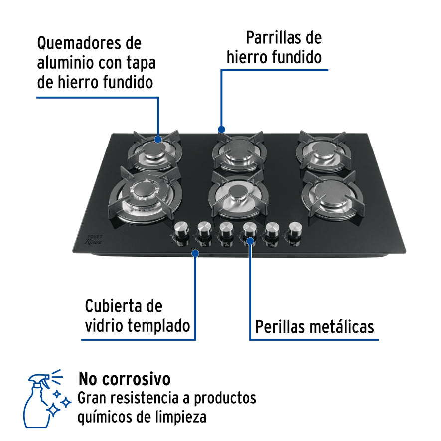 Parrilla gas empotrable 90cm, 6 quem, vidrio negro, Riviera, 46247