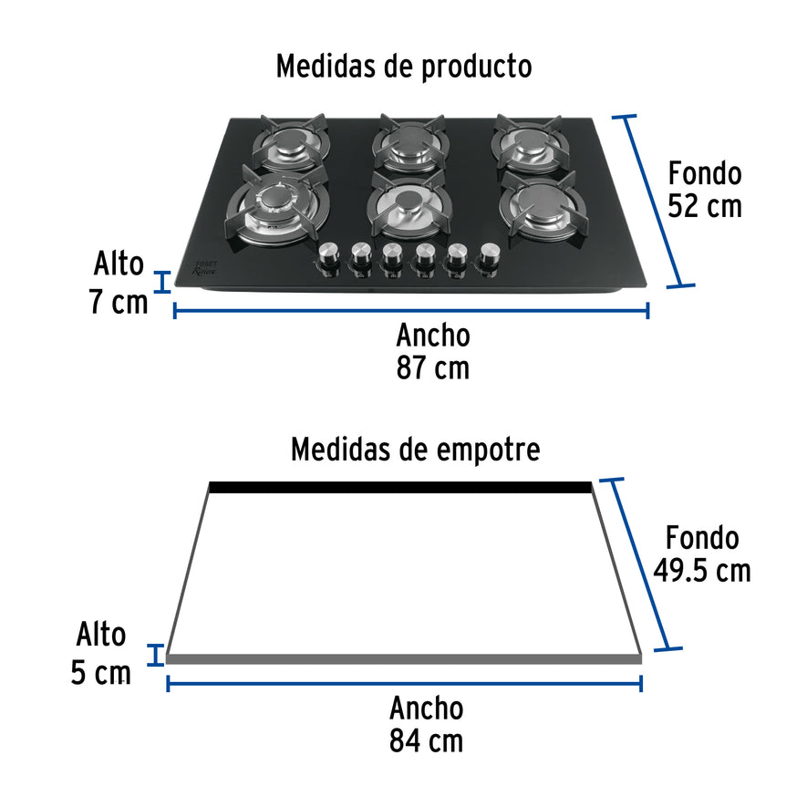 Parrilla gas empotrable 90cm, 6 quem, vidrio negro, Riviera, 46247