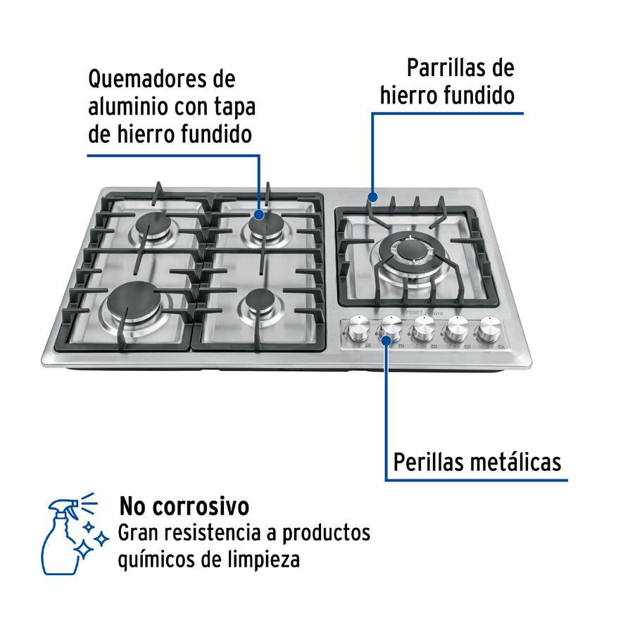 Parrilla gas empotrable 90cm, 5 quem, lateral, inox, Riviera, 48319