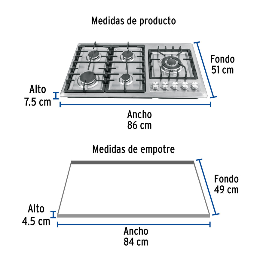 Parrilla gas empotrable 90cm, 5 quem, lateral, inox, Riviera, 48319