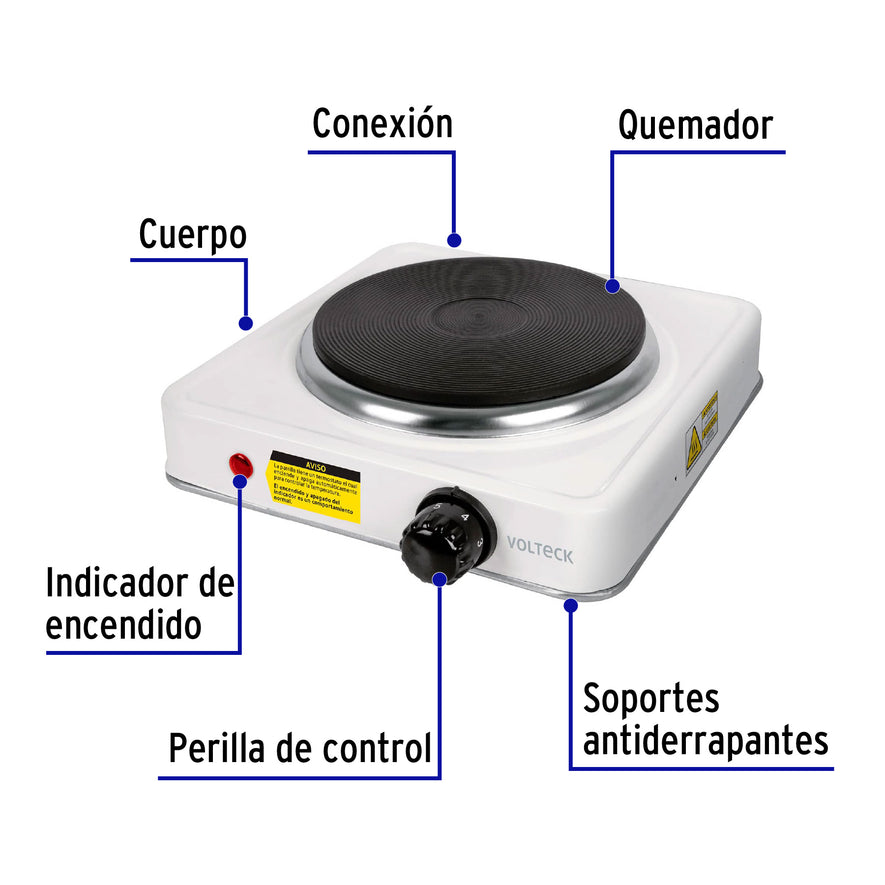 Parrilla eléctrica 1 quemador de disco, blanca, VOLTECK, 49989
