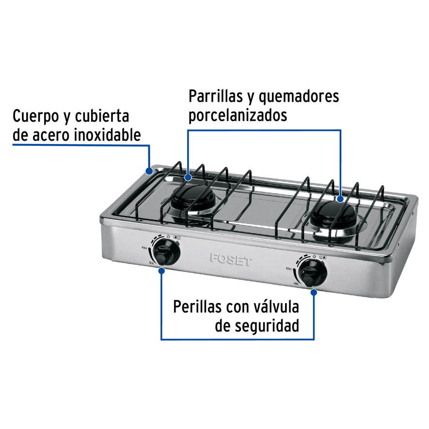 Parrilla de gas de sobreponer 2 quemadores, inox, Foset, 48234