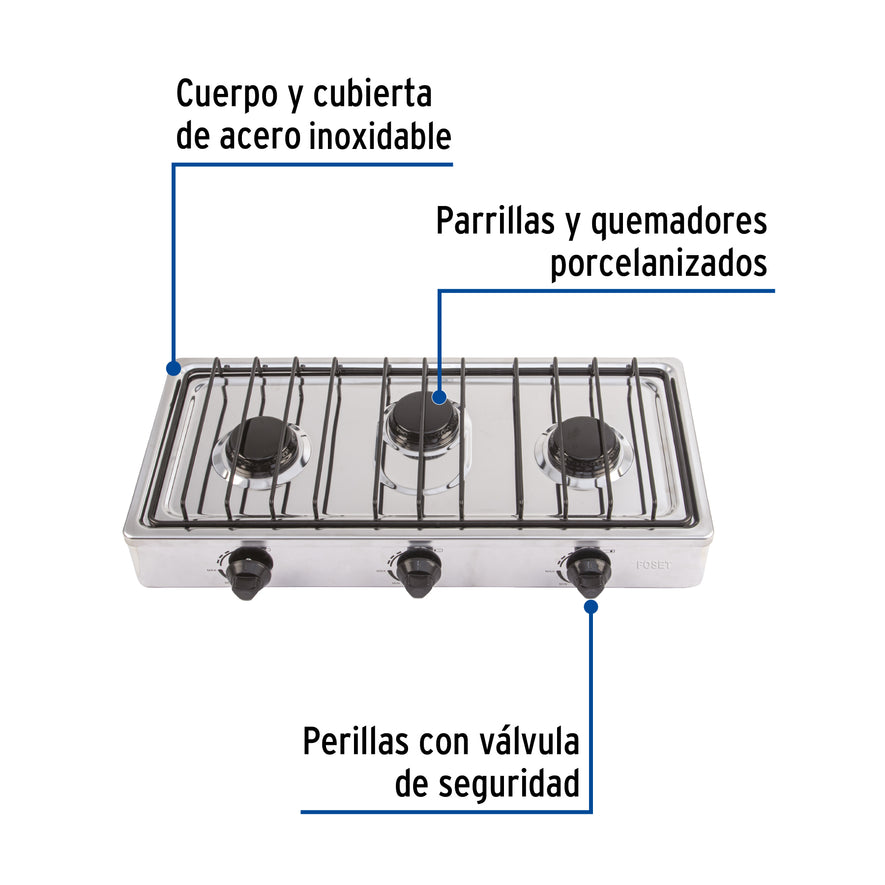 Parrilla de gas de sobreponer 3 quemadores, inox, Foset, 47920