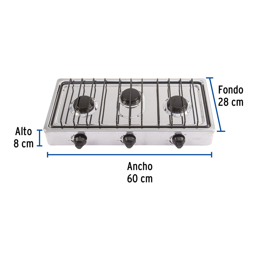 Parrilla de gas de sobreponer 3 quemadores, inox, Foset, 47920