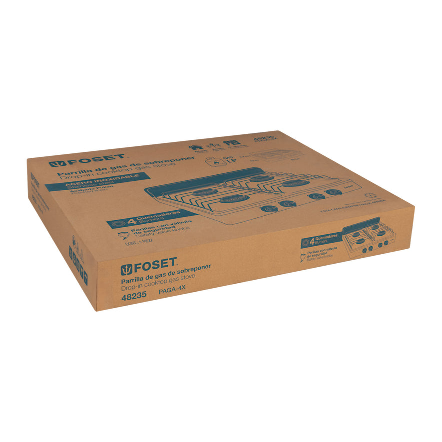 Parrilla de gas de sobreponer 4 quemadores, inox, Foset, 48235