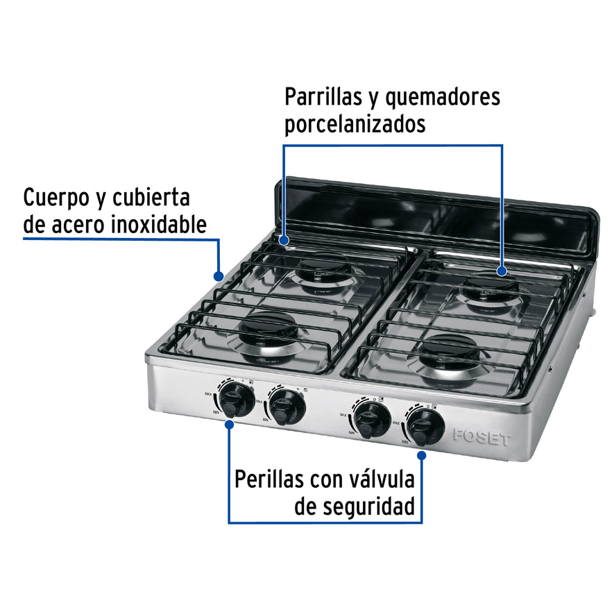 Parrilla de gas de sobreponer 4 quemadores, inox, Foset, 48235