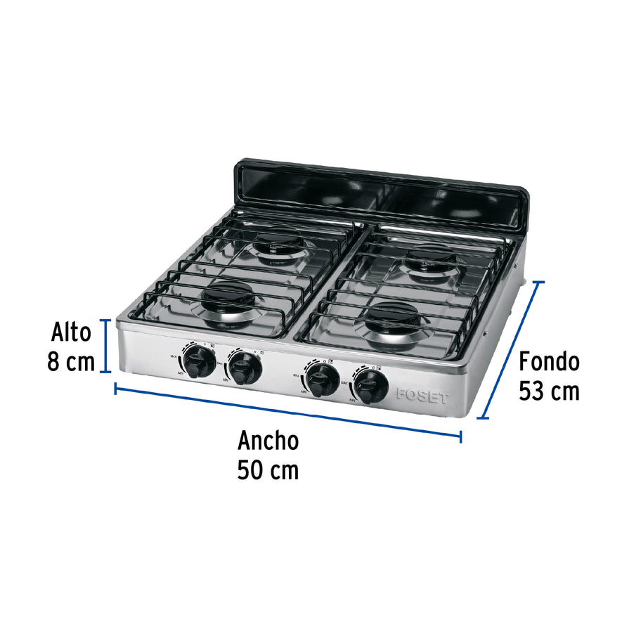 Parrilla de gas de sobreponer 4 quemadores, inox, Foset, 48235