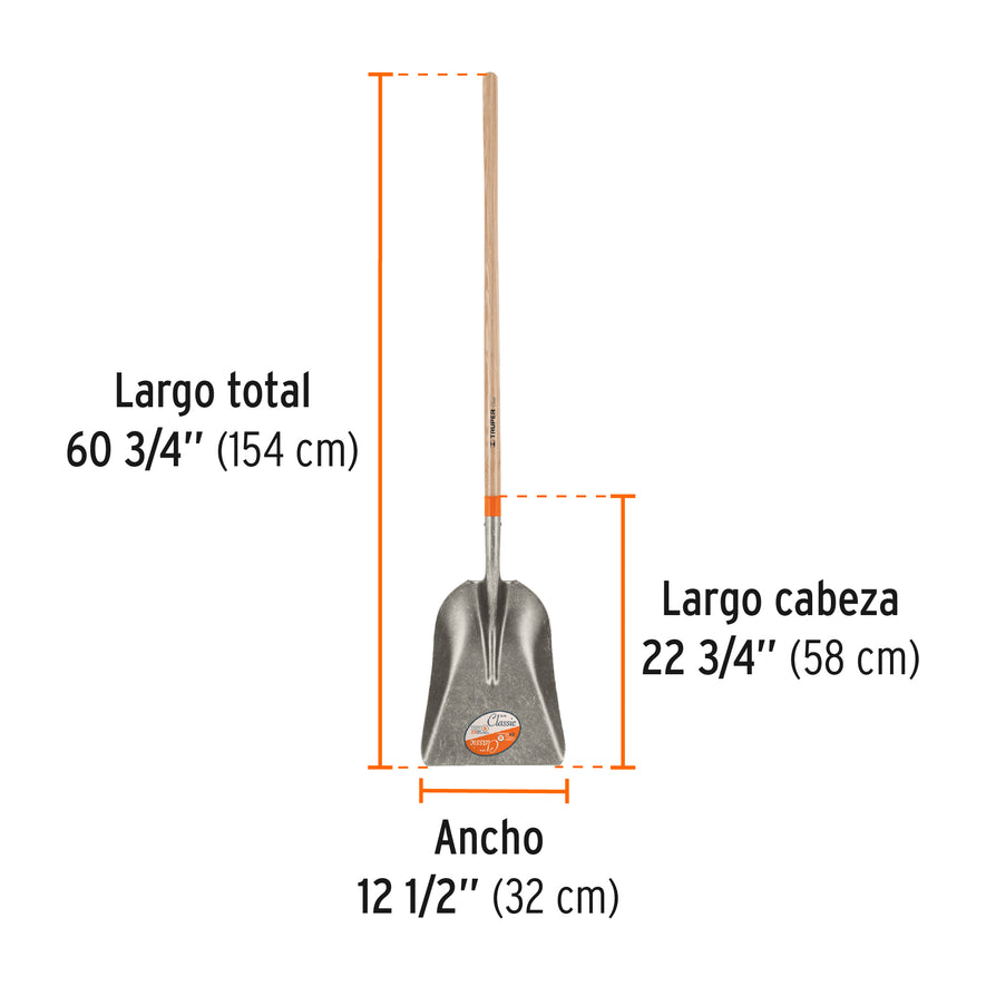 Pala carbonera Classic, mango largo 49', Truper Caja con 3, 17174