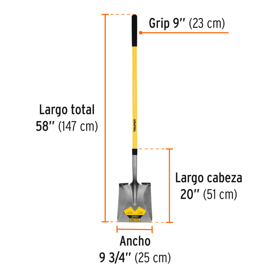 Pala cuadrada Tru Pro, mango largo de fibra de vidrio 48' Caja con 3, 17167